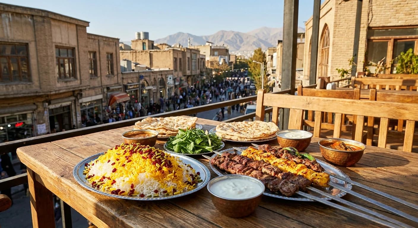 Traditional Persian cuisine spread with saffron rice and kebabs in Tehran