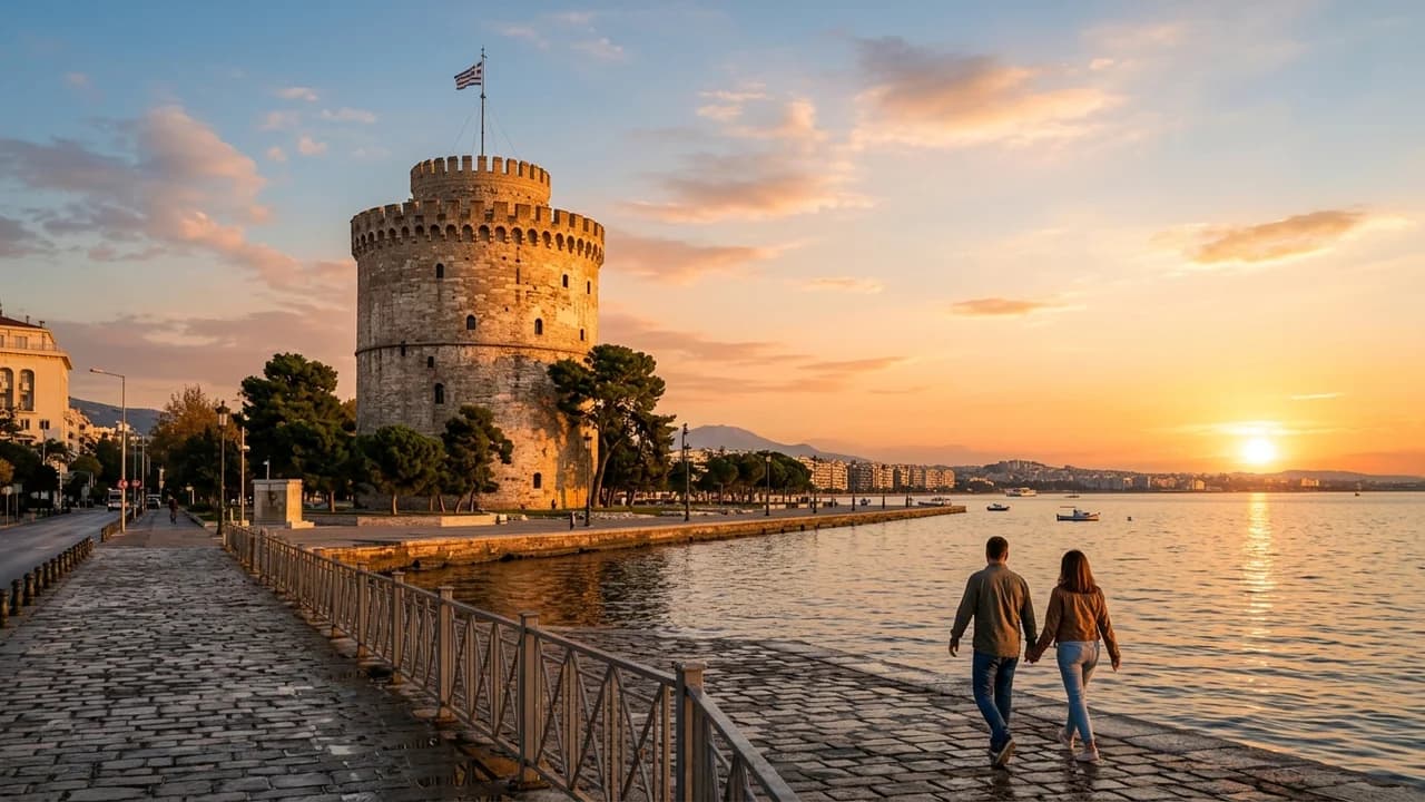 Iconic landmark in Thessaloniki, Greece at golden hour