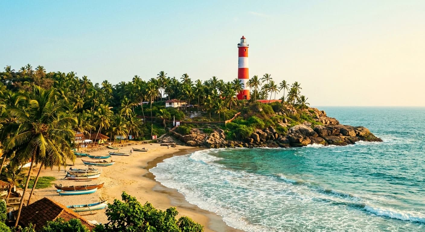 Kovalam Beach lighthouse with crescent shoreline and tropical palm trees