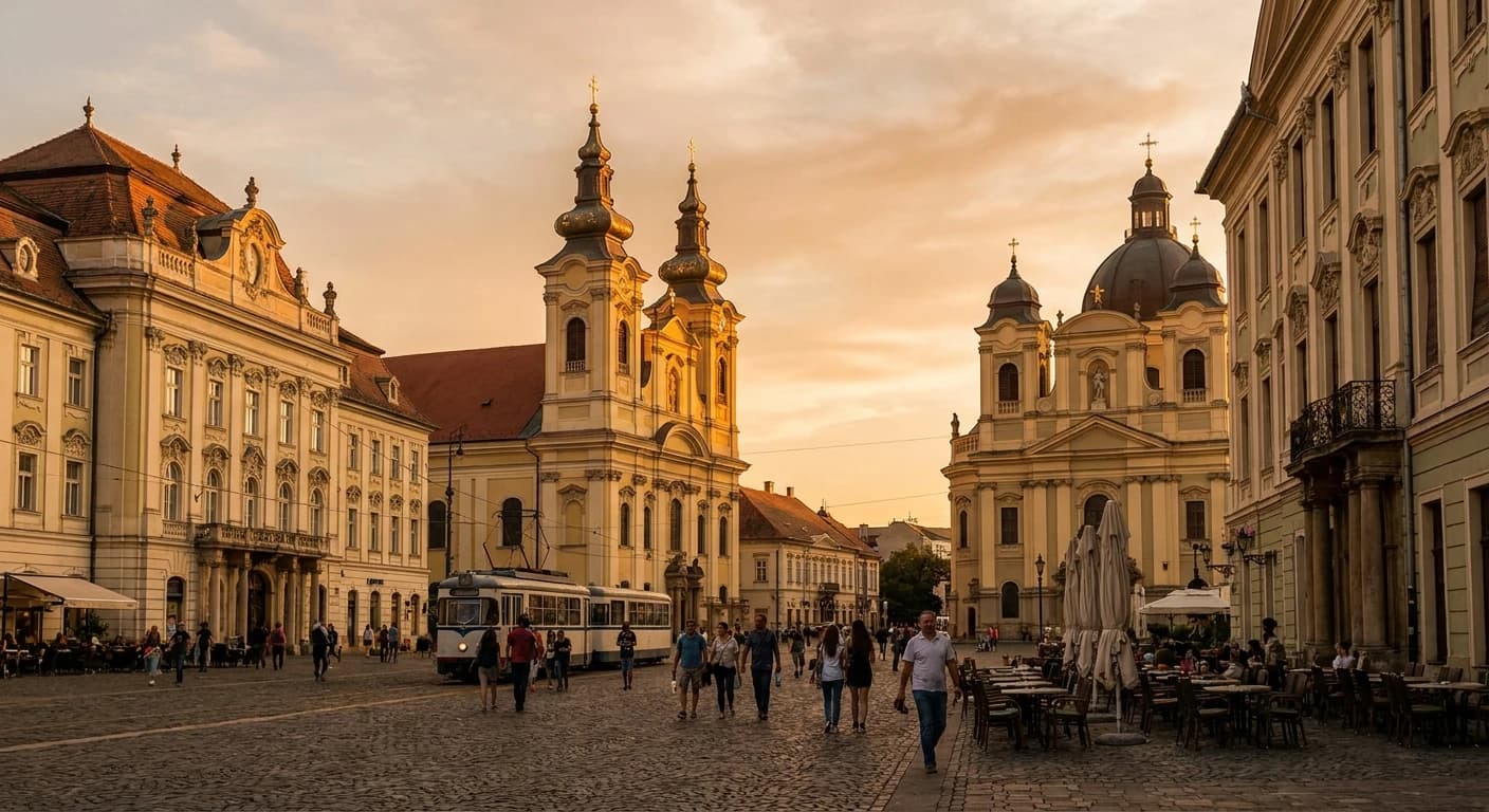 Baroque Piața Unirii square in Timișoara with cathedral facades at golden hour