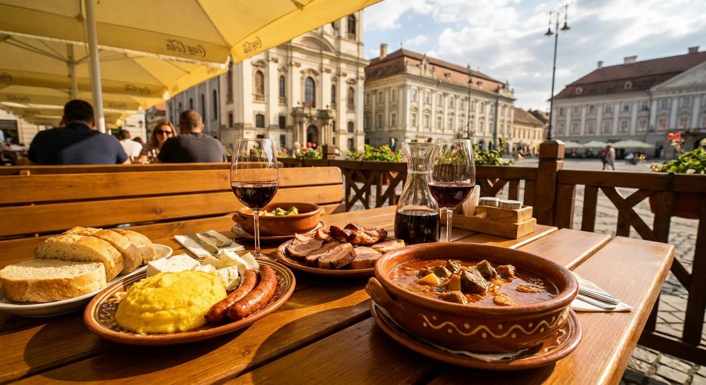 Traditional Banat cuisine with local wines at a Timișoara restaurant