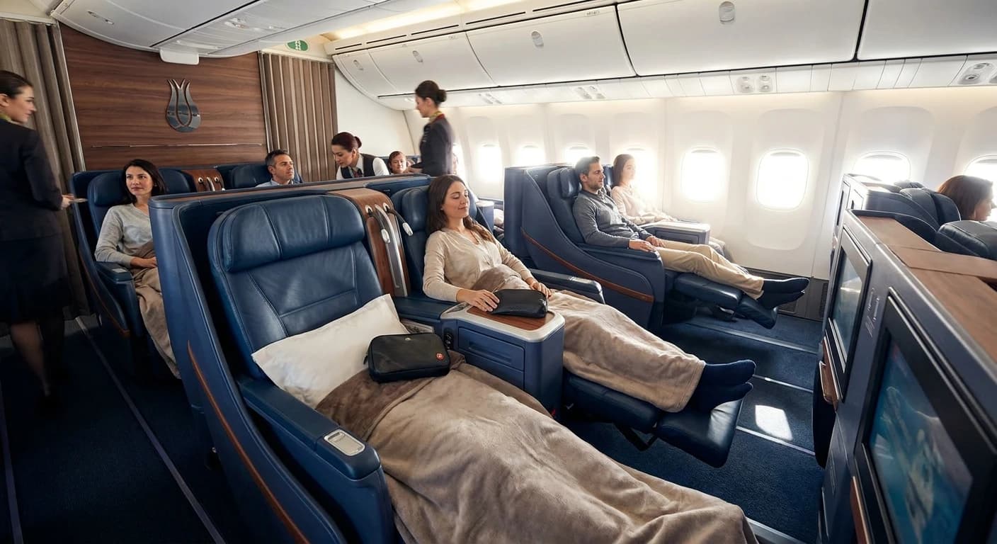 Turkish Airlines business class cabin with lie-flat seats and premium amenities