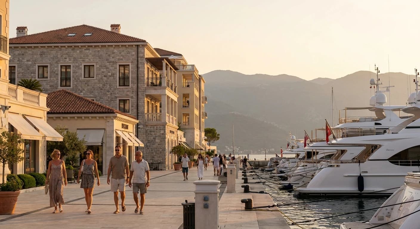 Porto Montenegro superyacht marina with Bay of Kotor mountains in background