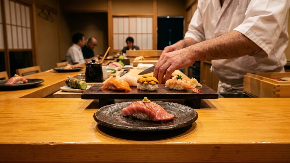 Pristine omakase sushi counter in Tokyo with beautifully arranged nigiri and otoro