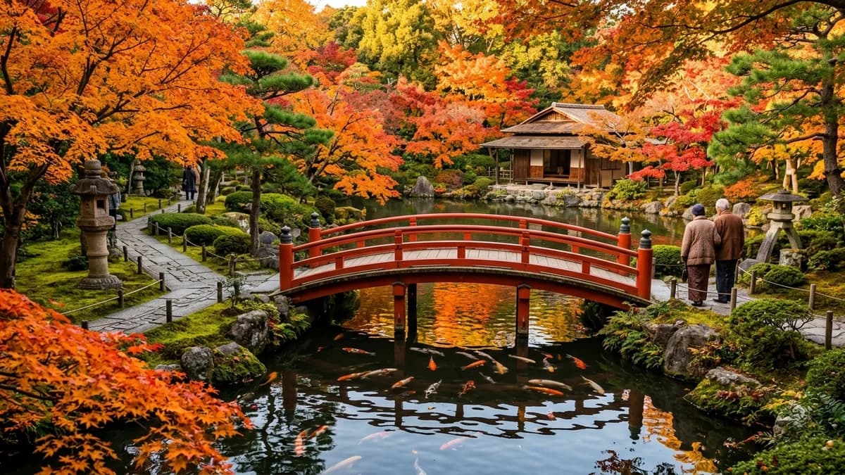 Autumn Japanese garden in Tokyo with red bridge over a koi pond and maple trees