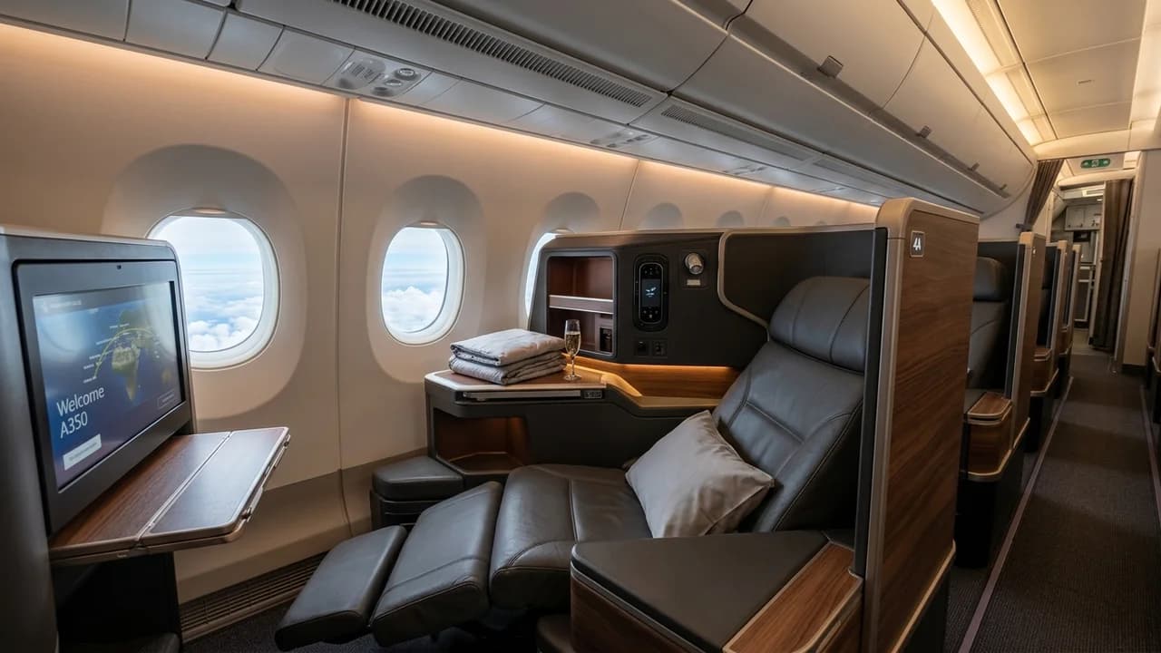Air Canada business class cabin with lie-flat suite and premium amenities