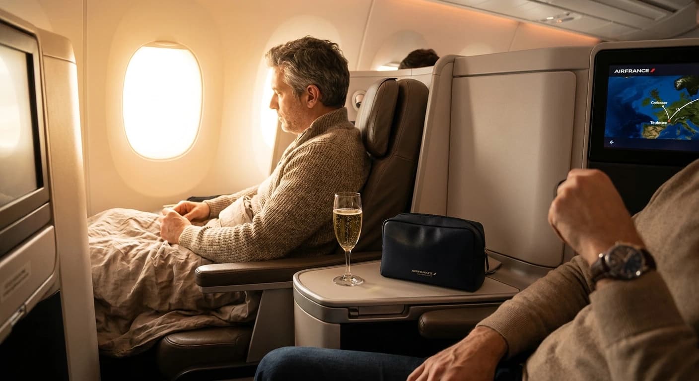 Air France business class cabin with lie-flat seats and premium French dining service