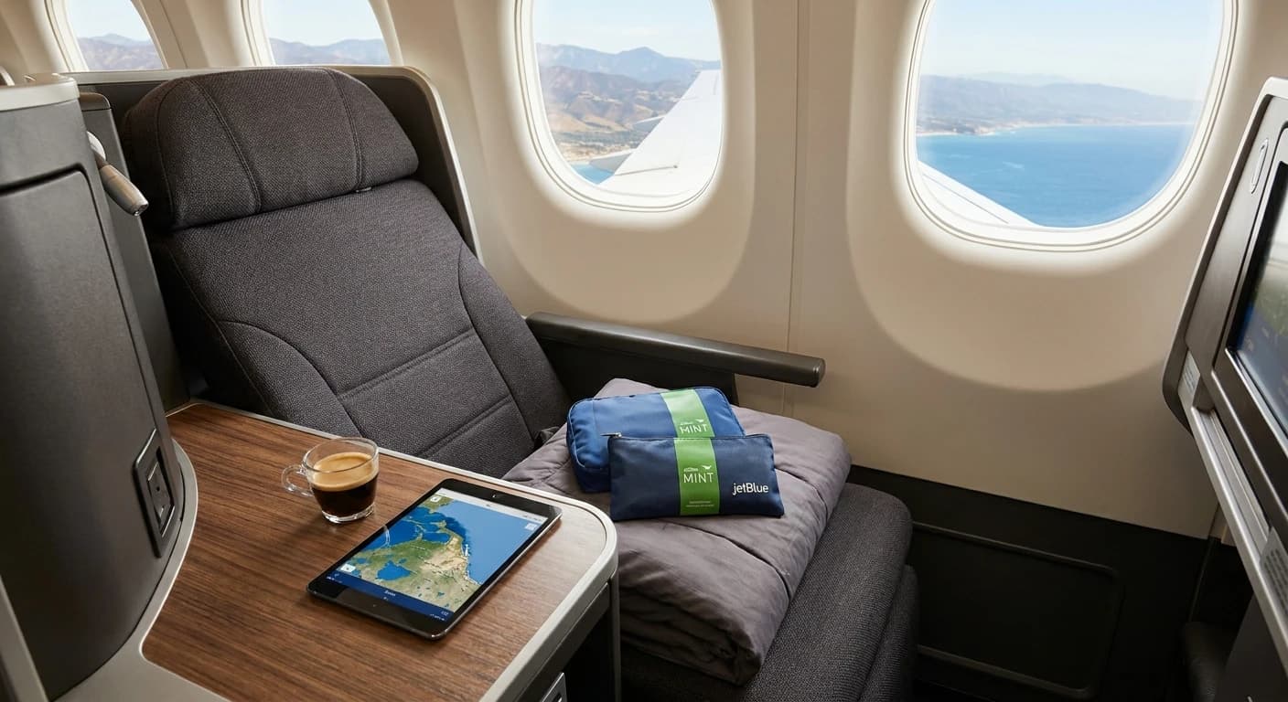 JetBlue Mint business class suite with lie-flat seat and premium amenities