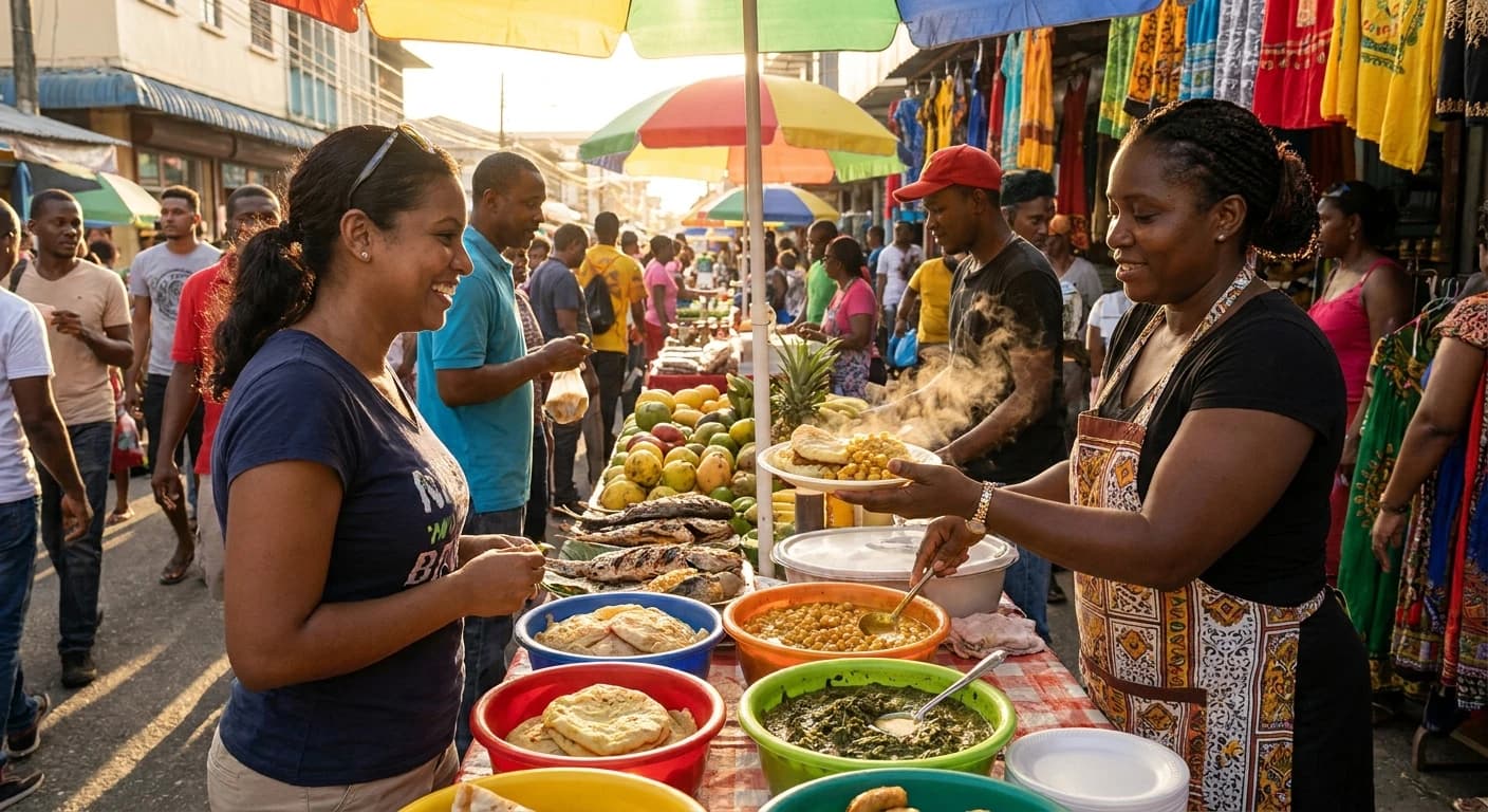 Vibrant local street food and fresh Caribbean cuisine in Trinidad