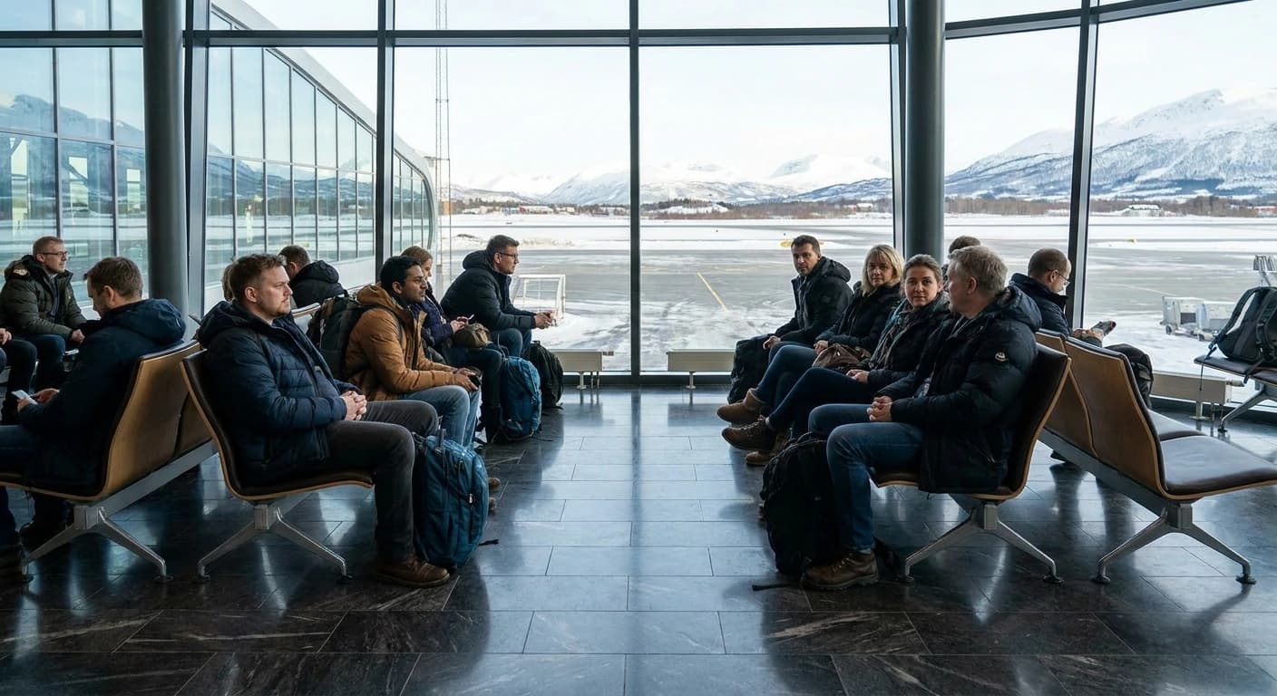 Tromsø Airport terminal with Arctic mountain backdrop in winter
