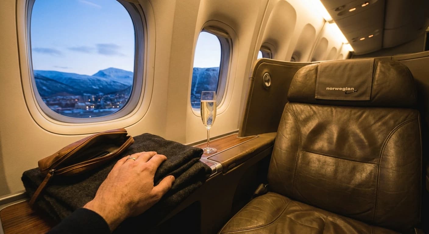 SAS business class cabin with lie-flat seat and Nordic premium amenities