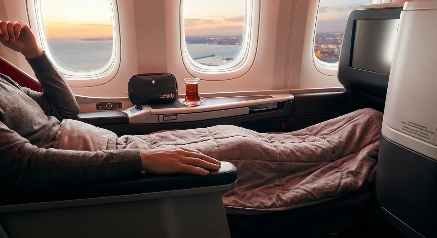 Turkish Airlines business class lie-flat seat on a Tunis-bound flight