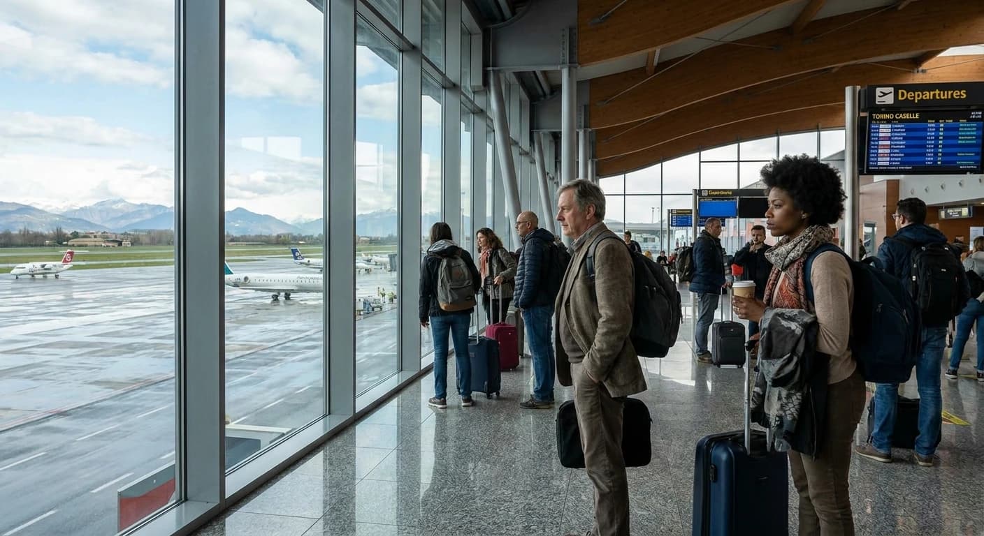 Turin Caselle Airport terminal interior with departures signage