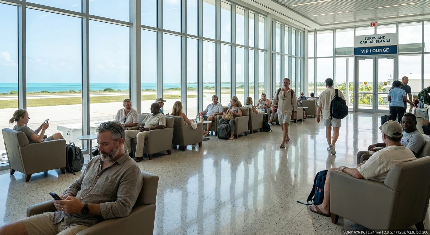 Providenciales International Airport terminal with tropical surroundings