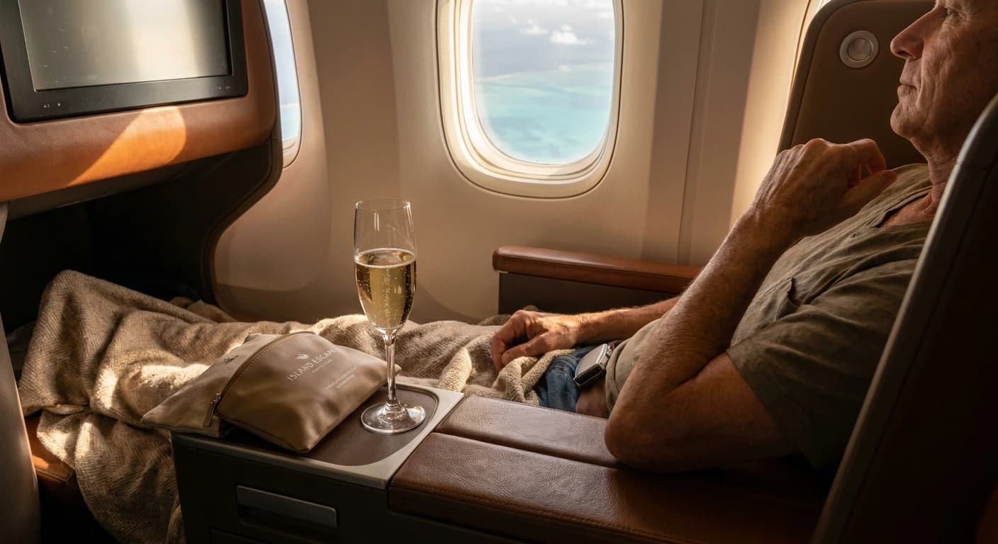 Premium business class cabin with lie-flat seats and elevated dining service