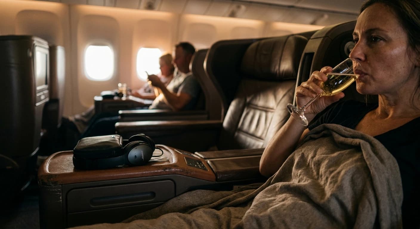 Singapore Airlines business class cabin with lie-flat suite and premium amenities