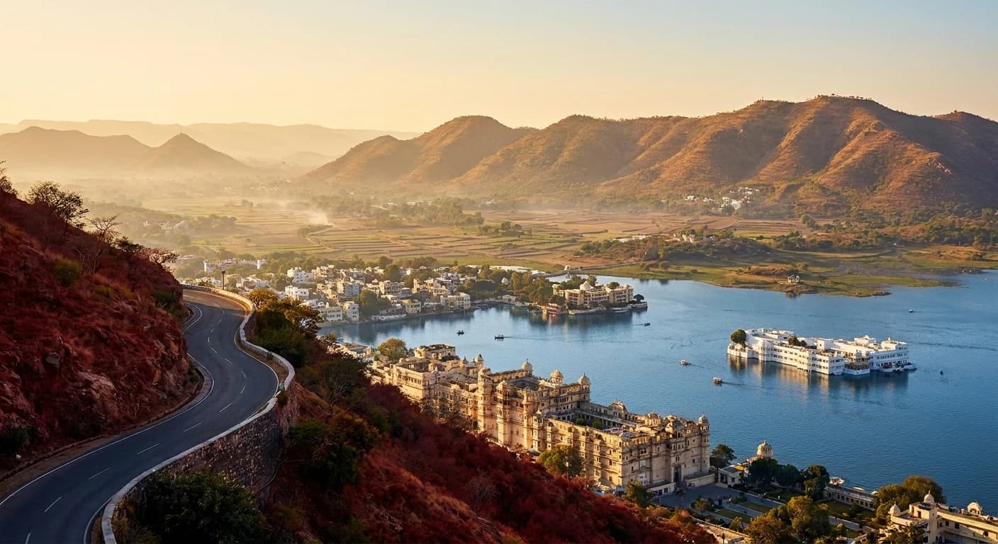 Approach to Udaipur with Aravalli hills and lake landscape below
