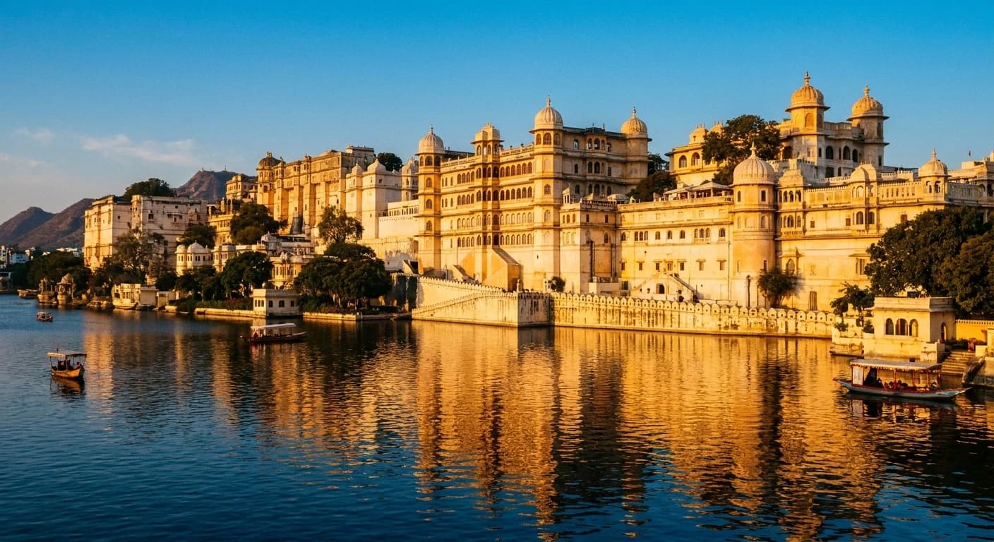 The City Palace of Udaipur rising above Lake Pichola at golden hour
