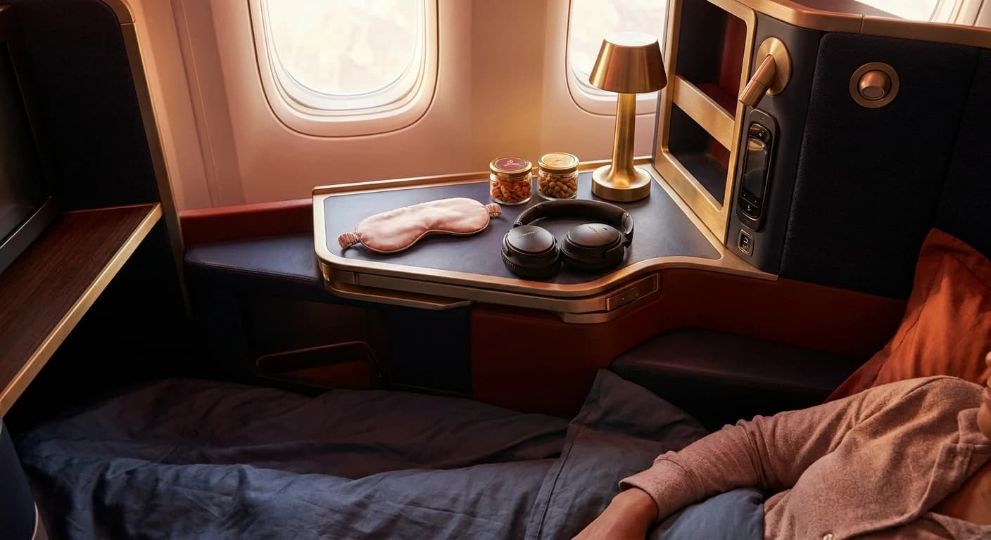 Business class lie-flat suite with premium amenities for overnight India flight