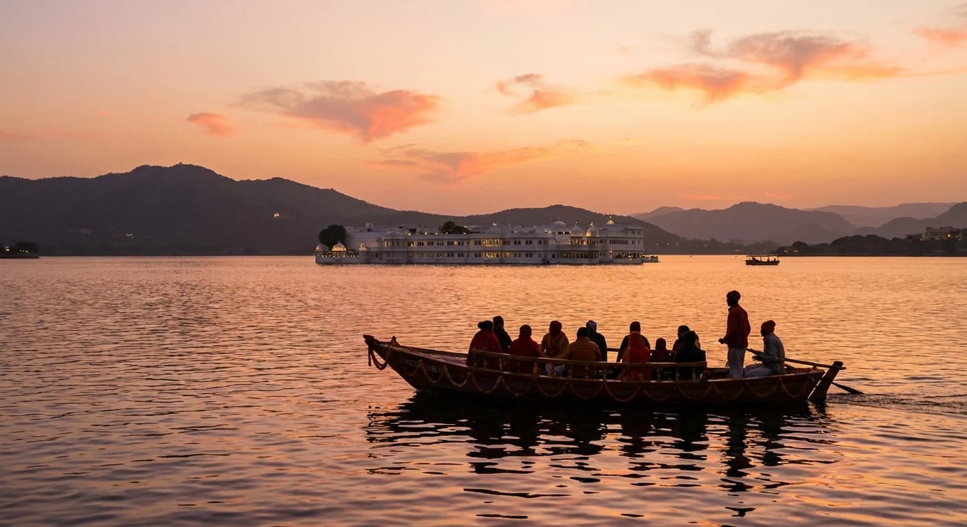 Sunset boat ride on Lake Pichola with Taj Lake Palace in the background