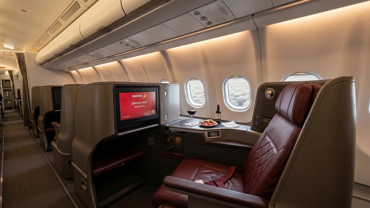 Iberia business class cabin with lie-flat suite and premium amenities