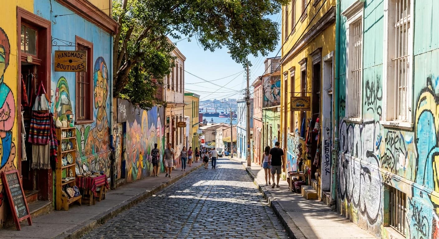 Artisan boutiques and street art on Cerro Alegre in Valparaíso, Chile