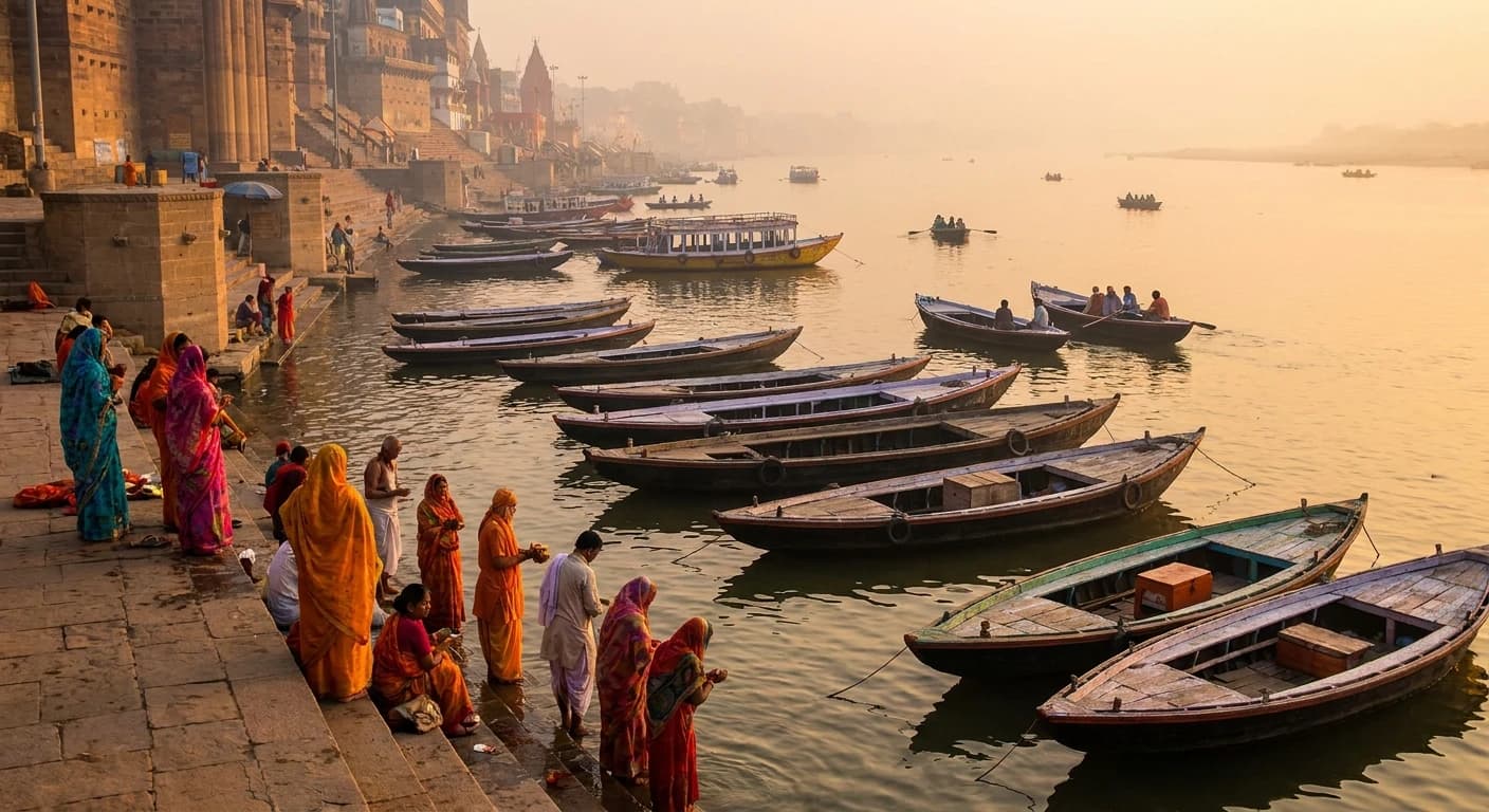Dawn scene along the sacred ghats of Varanasi with boats on the Ganges