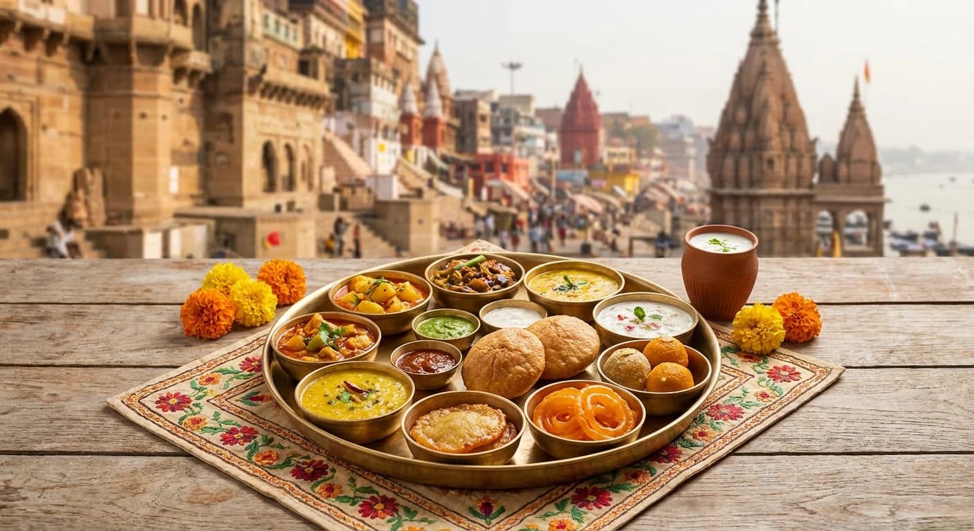 Traditional Banarasi vegetarian thali with kachori and sweets