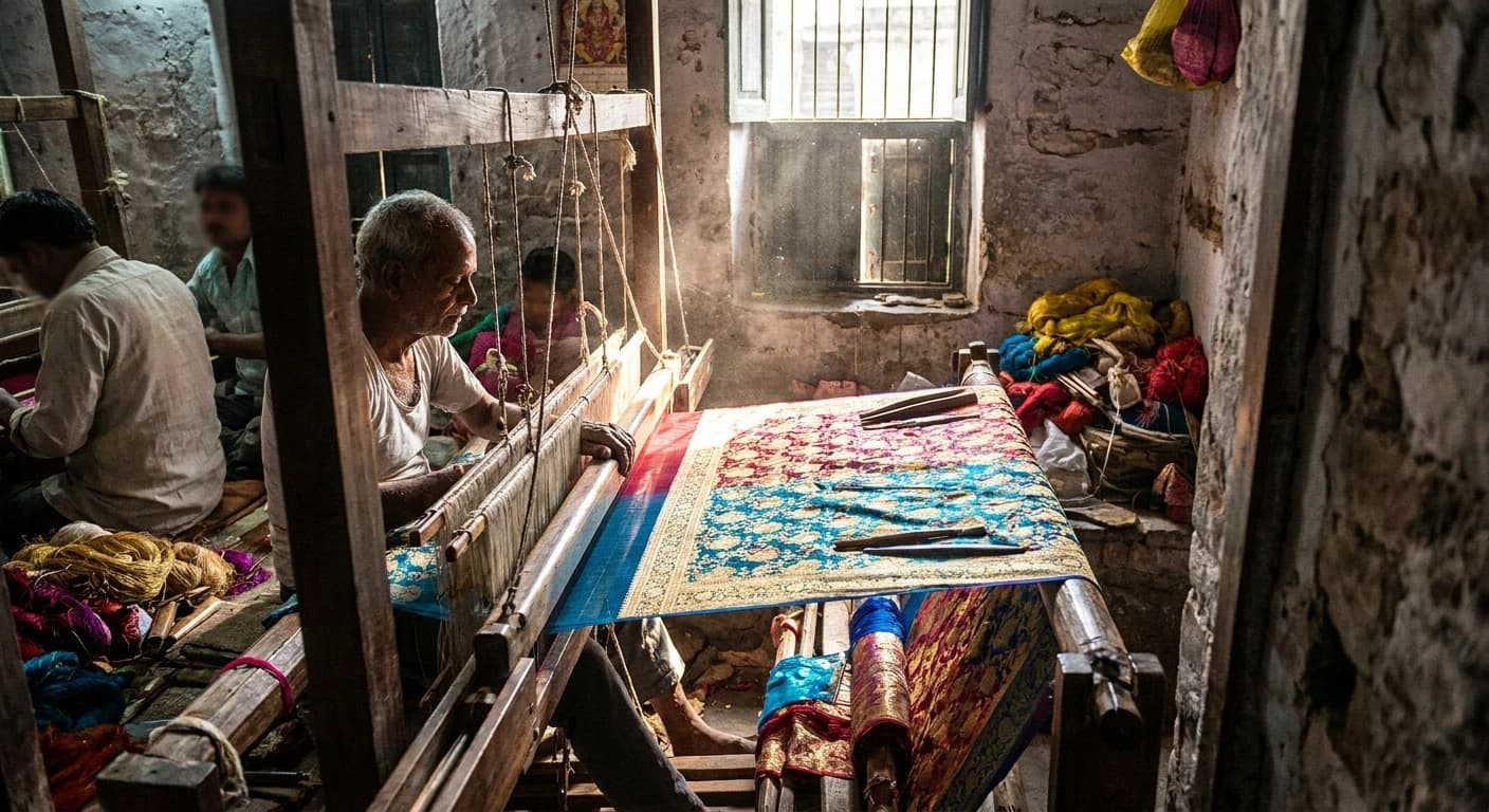 Intricate Banarasi silk weaving on traditional handloom in Varanasi workshop