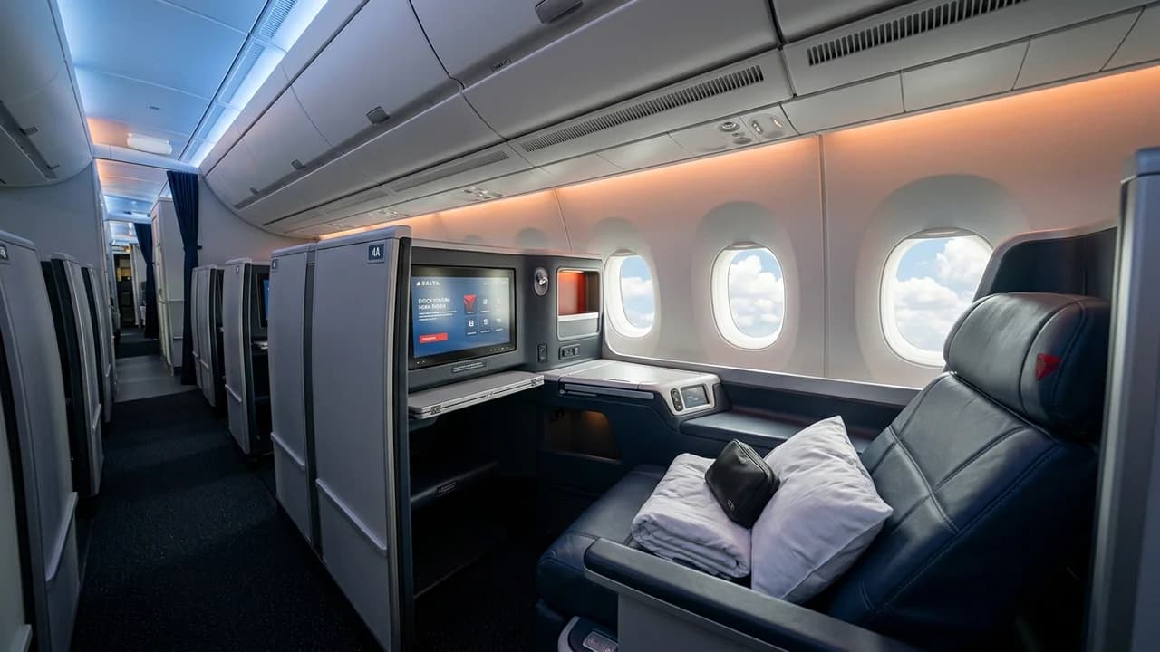 Delta business class cabin with lie-flat suite and premium amenities