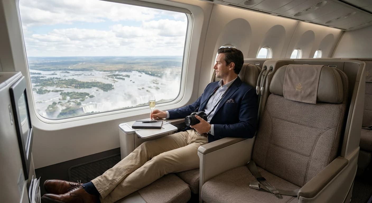 Business class lie-flat suite on a flight to Victoria Falls