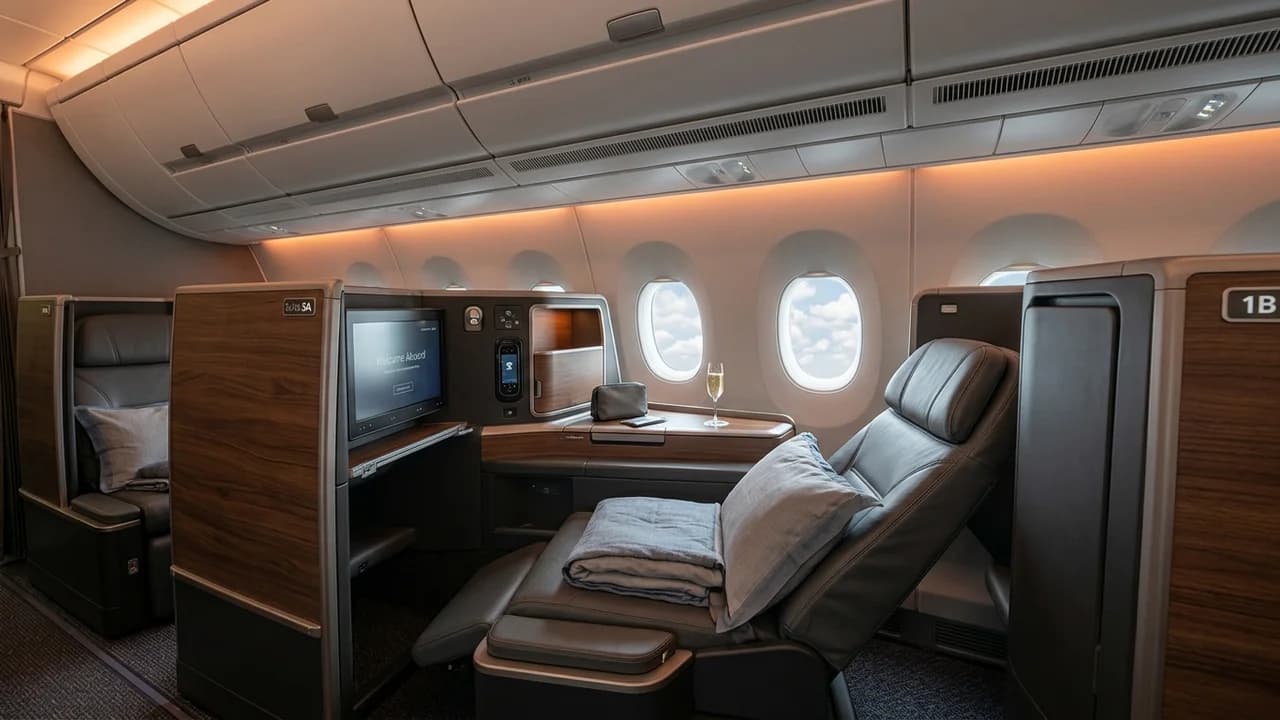 Austrian Airlines business class cabin with lie-flat suite and premium amenities