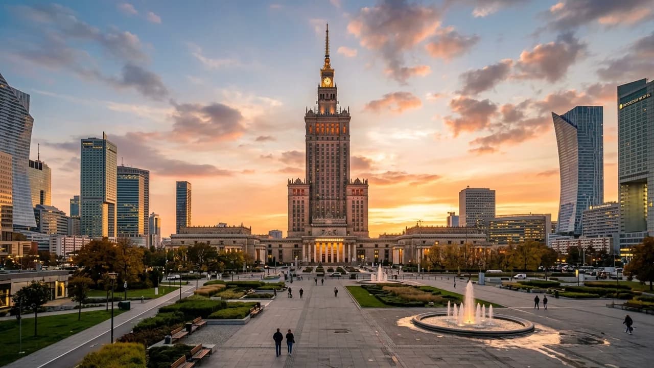 Iconic landmark in Warsaw, Poland at golden hour