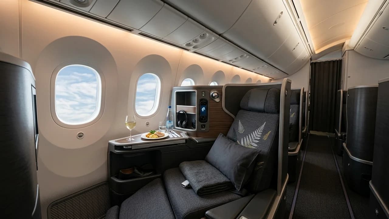 Air New Zealand business class cabin with lie-flat suite and premium amenities