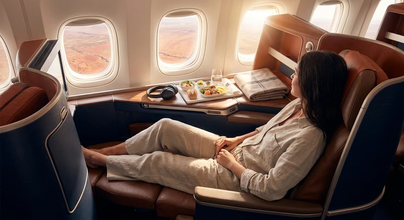 Business class cabin with lie-flat suite en route to Windhoek