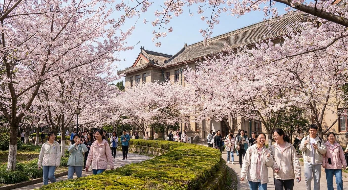 Cherry blossoms at Wuhan University campus in spring