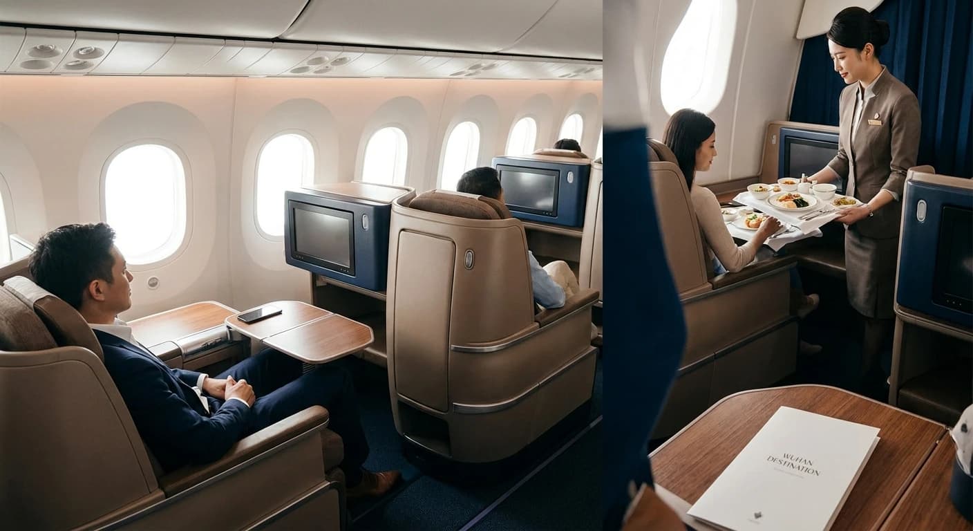 Business class cabin on a long-haul flight serving Wuhan