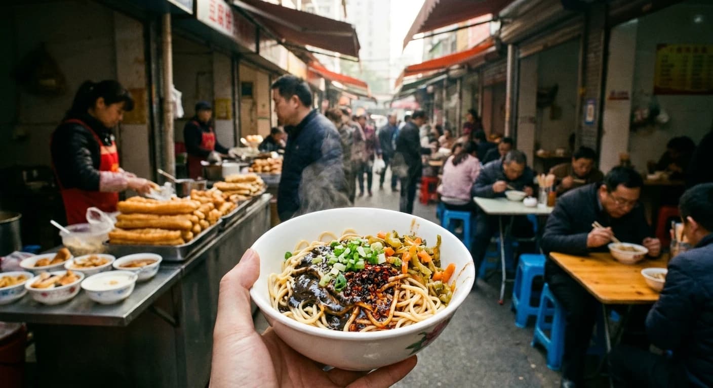Wuhan hot dry noodles and street food breakfast scene