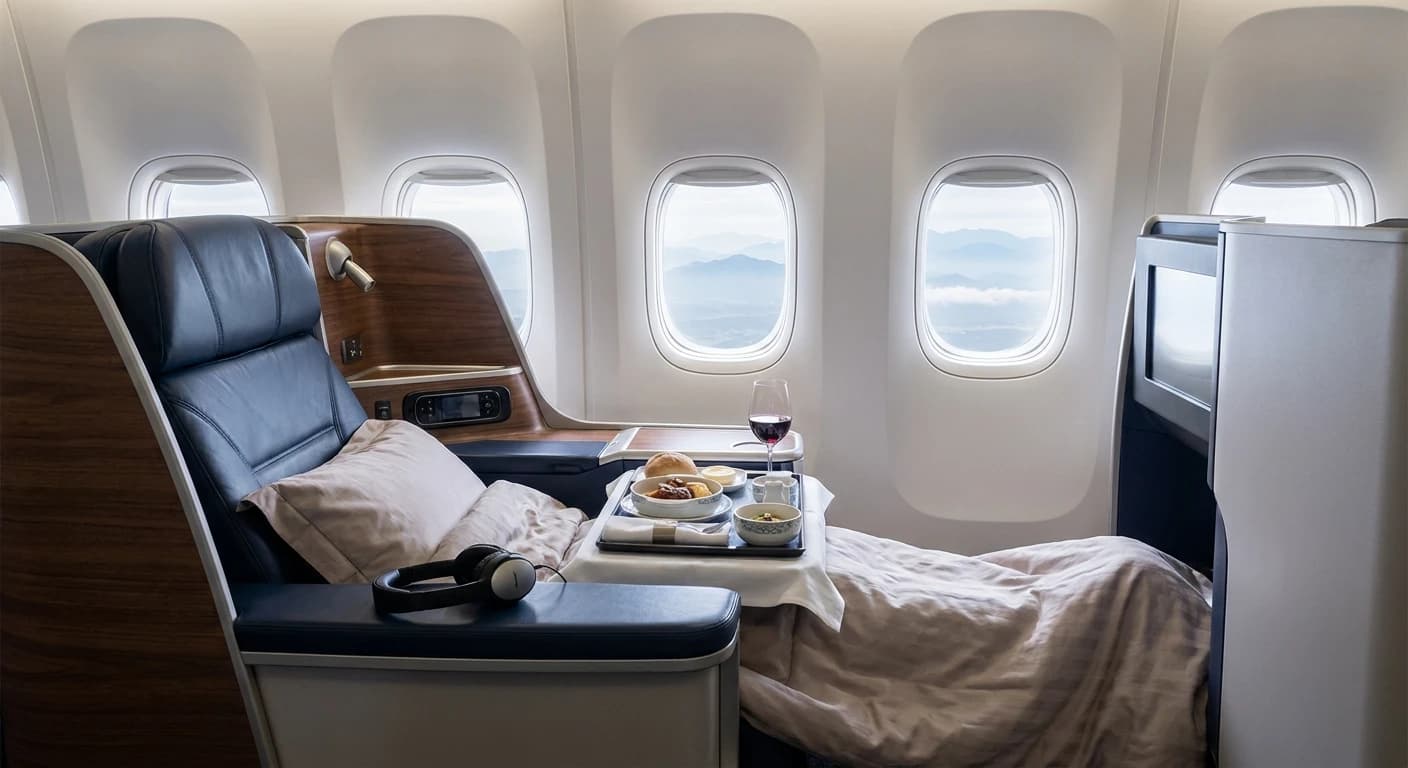 Business class cabin on a flight to Xi'an with premium amenities