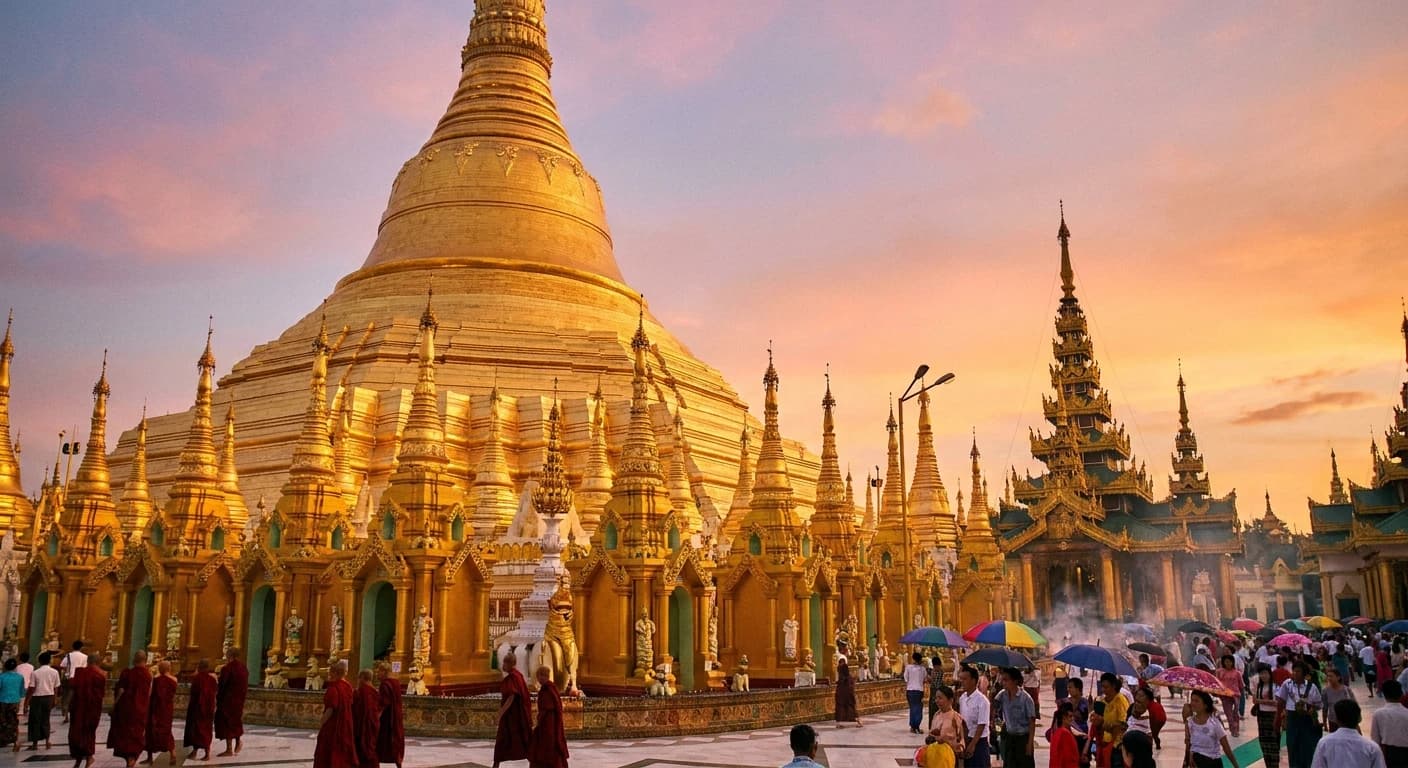 The magnificent golden Shwedagon Pagoda illuminated at sunset