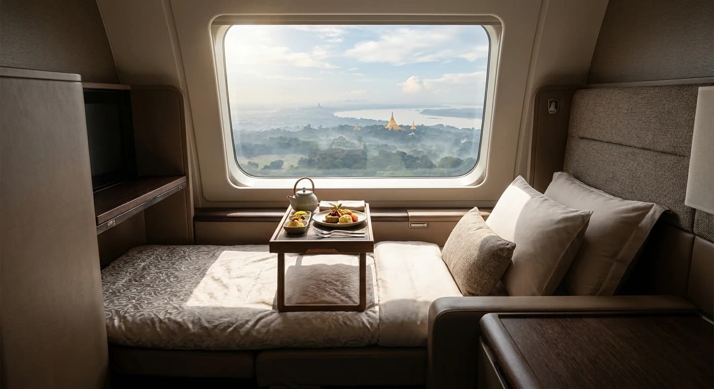 Premium business class suite with lie-flat bed on flight to Myanmar