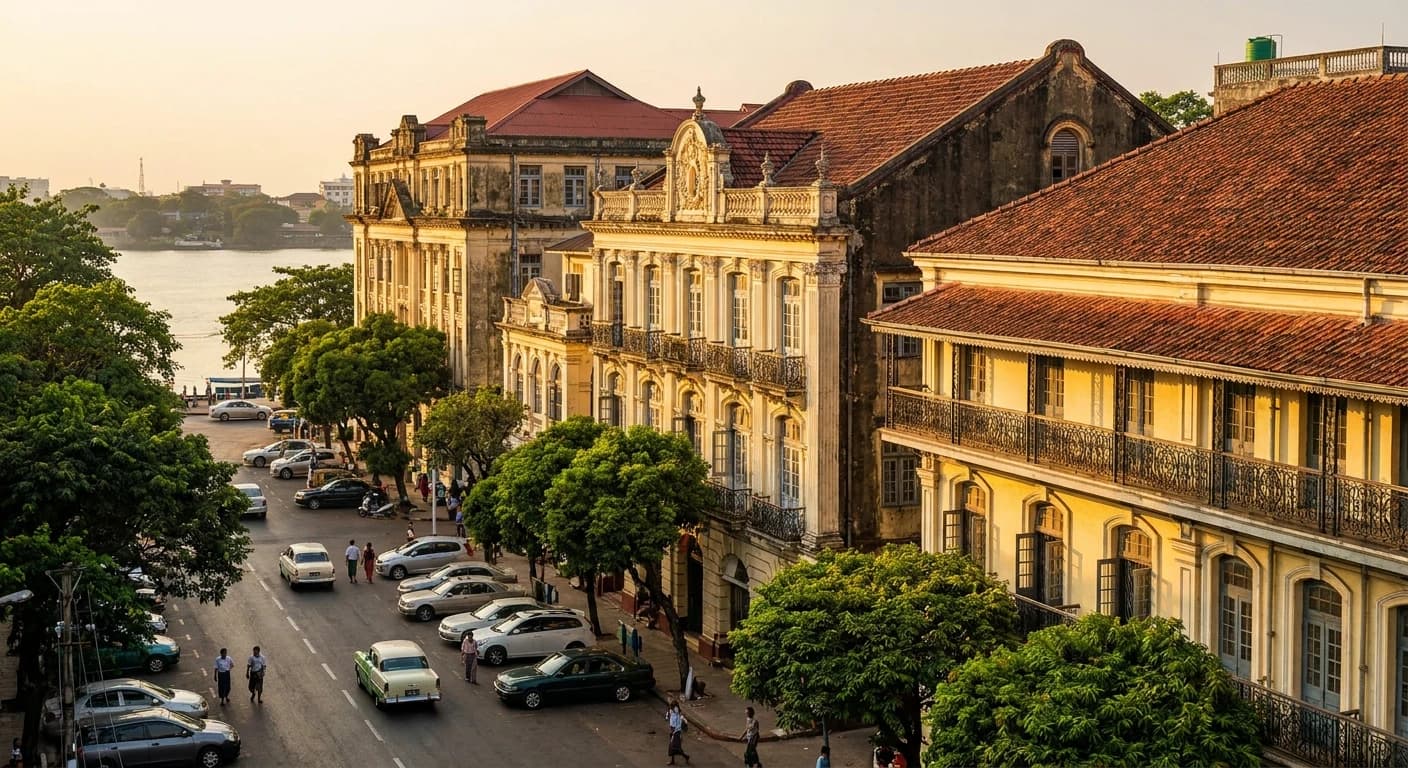 Colonial-era architecture along Yangon's historic Strand Road