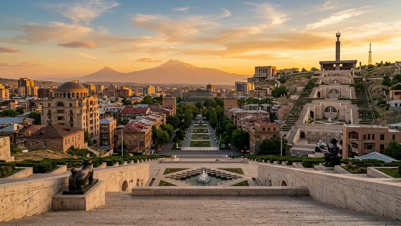 Iconic landmark in Yerevan, Armenia at golden hour