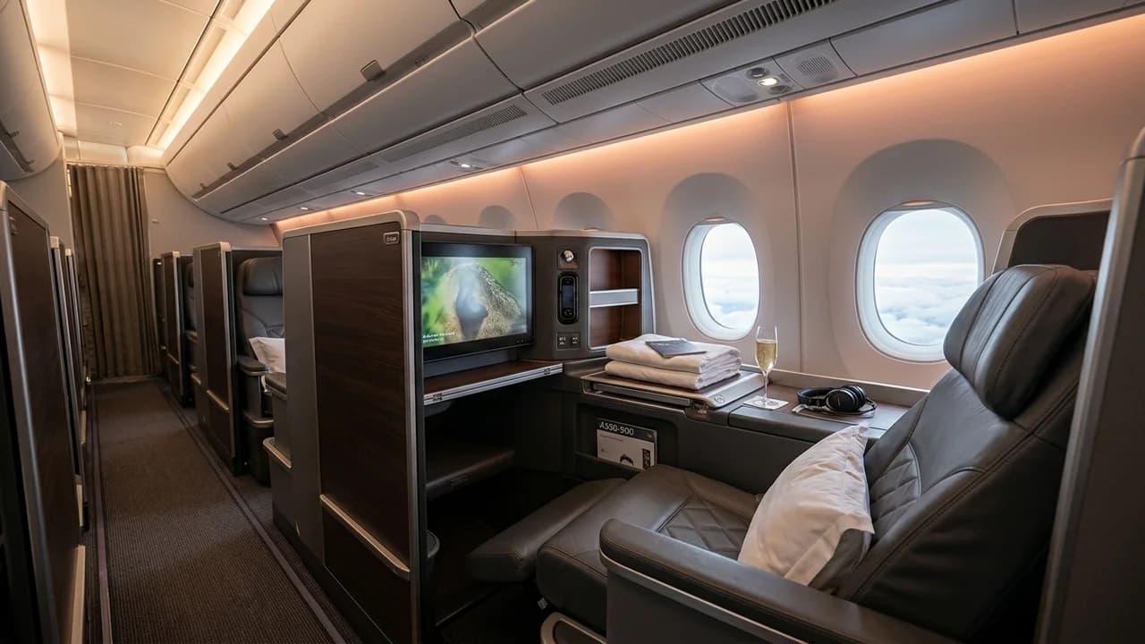 Qatar Airways business class cabin with lie-flat suite and premium amenities