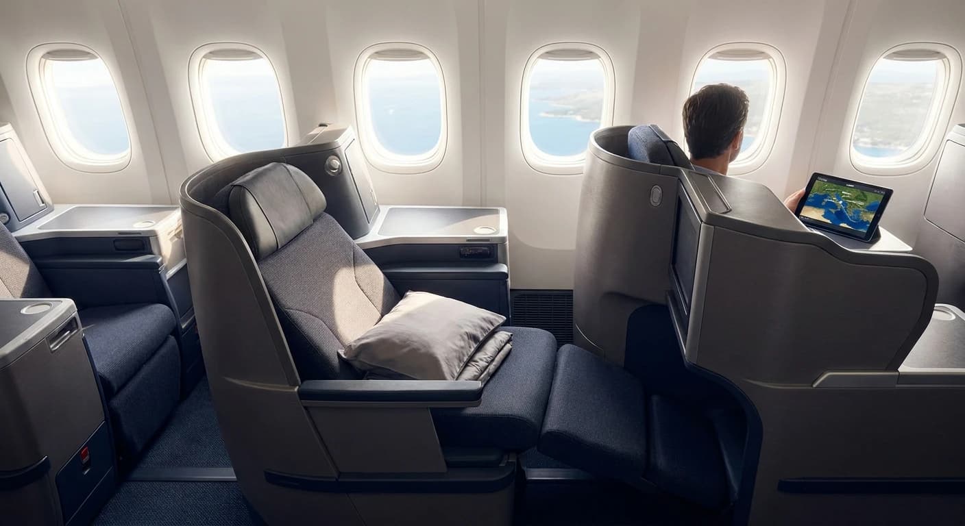 Business class cabin with lie-flat seats on flights to Zagreb