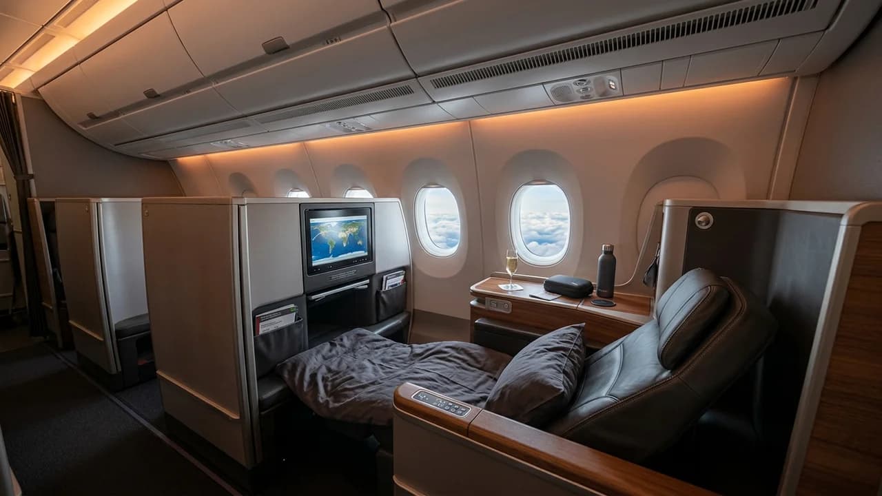 Qatar Airways business class cabin with lie-flat suite and premium amenities