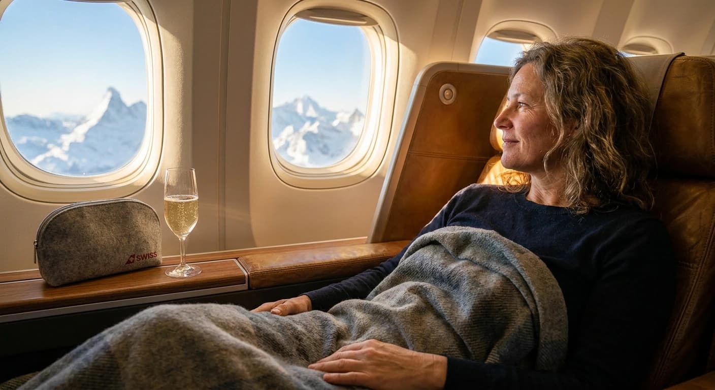 SWISS business class cabin with lie-flat seat and premium Swiss amenities