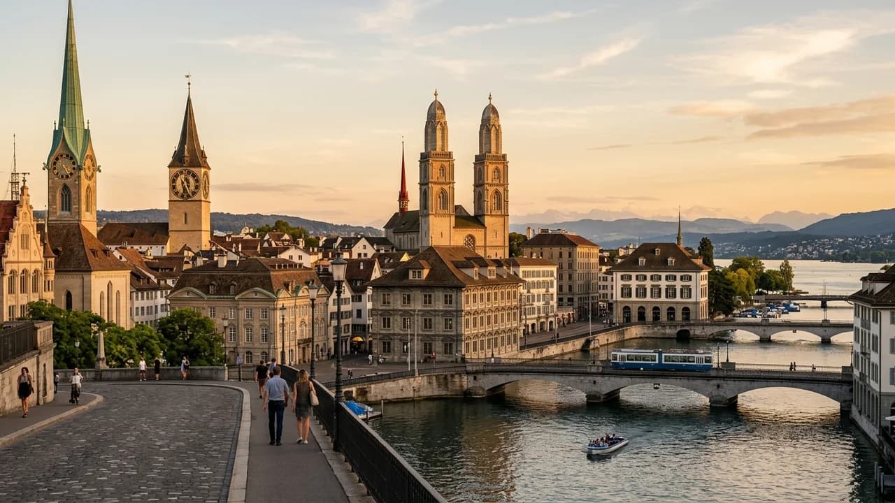 Iconic landmark in Zurich, Switzerland at golden hour