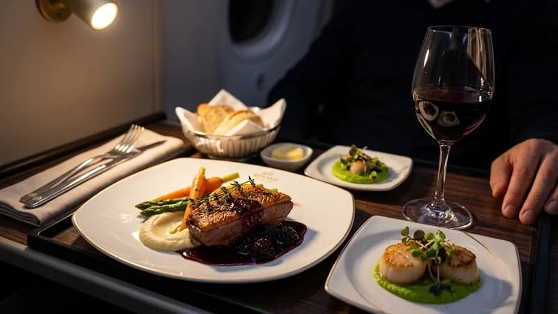 Business class meal service close-up