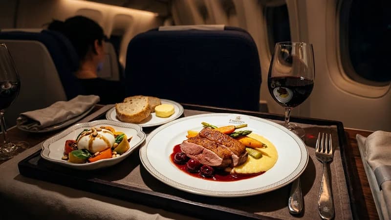 Business class meal service close-up